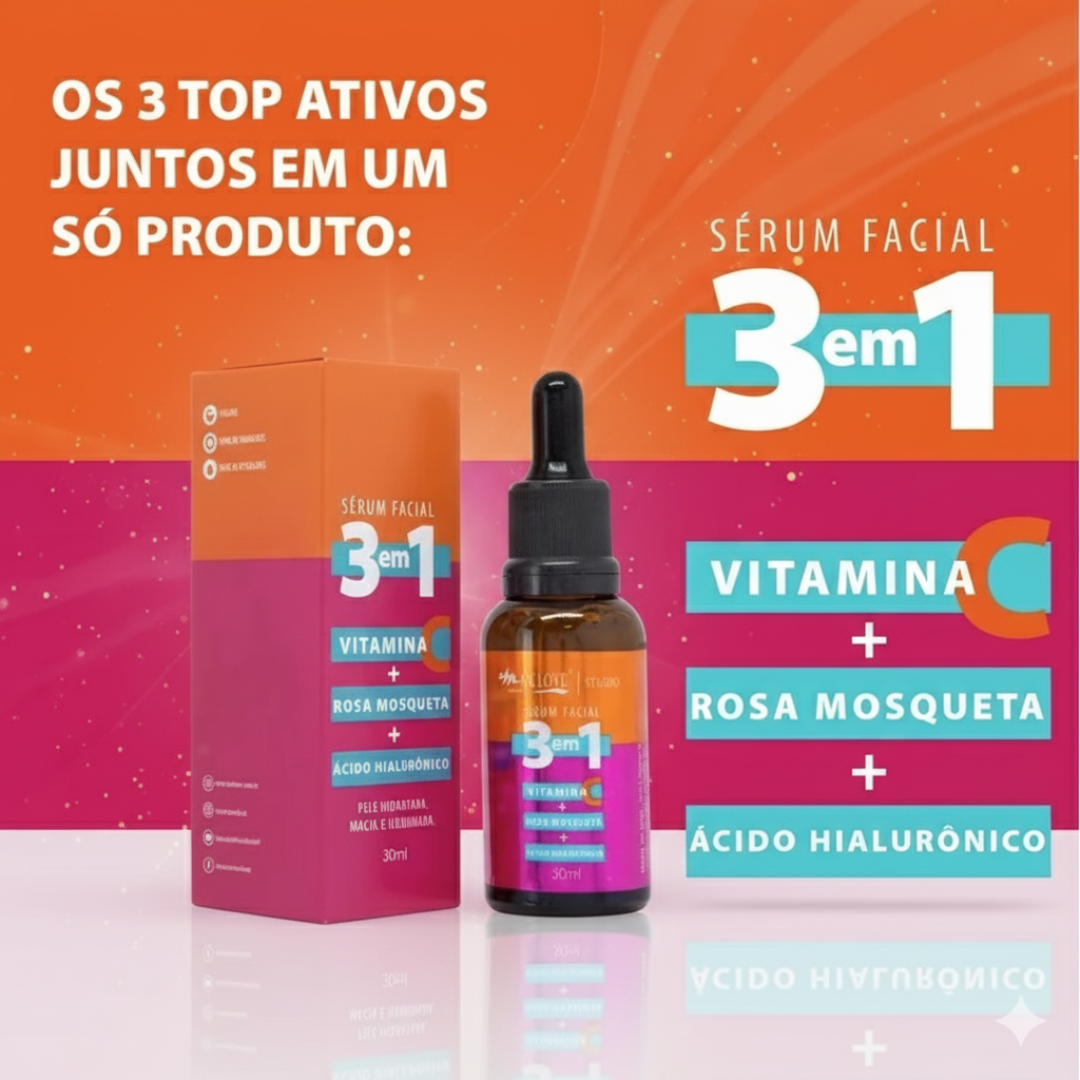 Sérum Facial 3 Em 1 Vitamina C + Rosa Mosqueta + Ácido Hialurônico