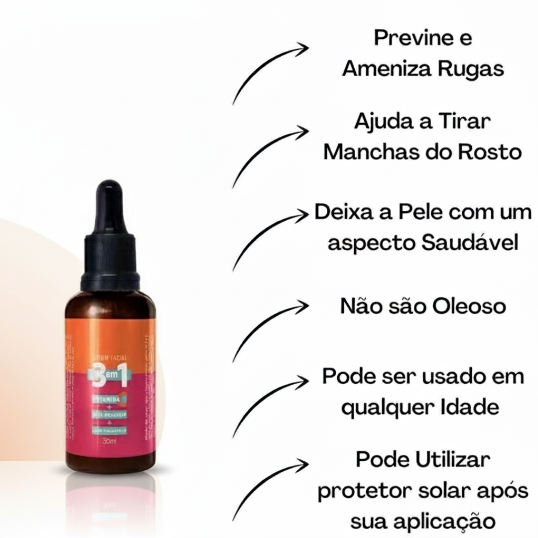 Sérum Facial 3 Em 1 Vitamina C + Rosa Mosqueta + Ácido Hialurônico