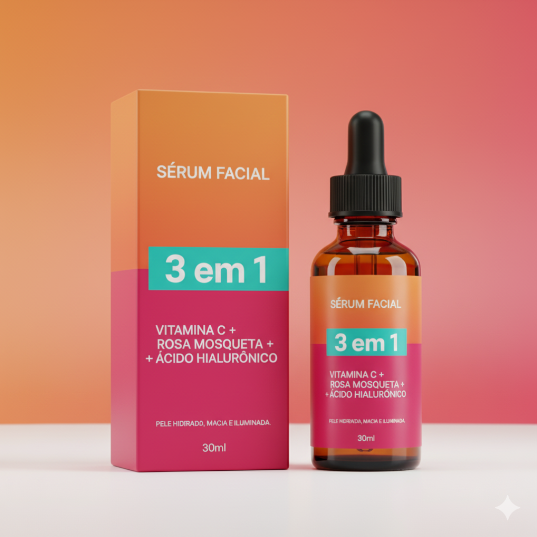 Sérum Facial 3 Em 1 Vitamina C + Rosa Mosqueta + Ácido Hialurônico